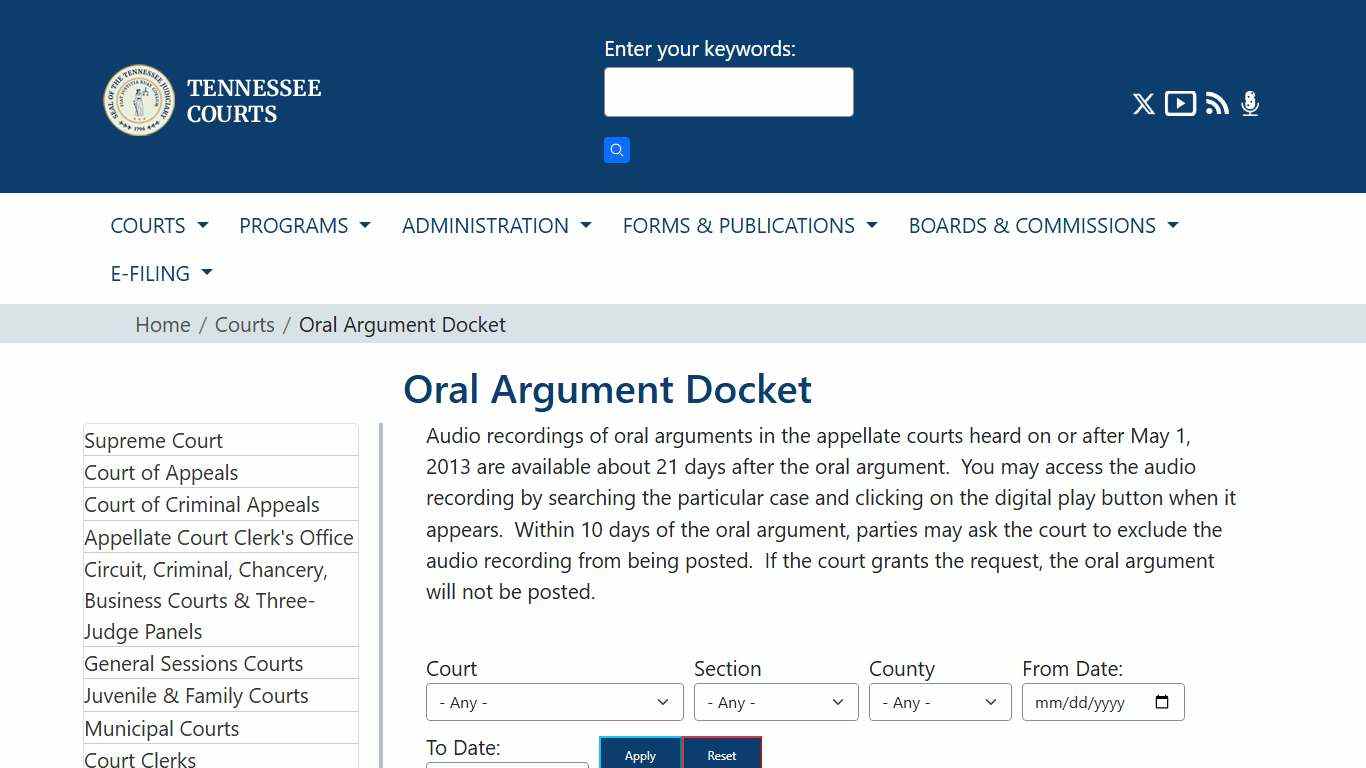 Oral Argument Docket | Tennessee Administrative Office of the Courts